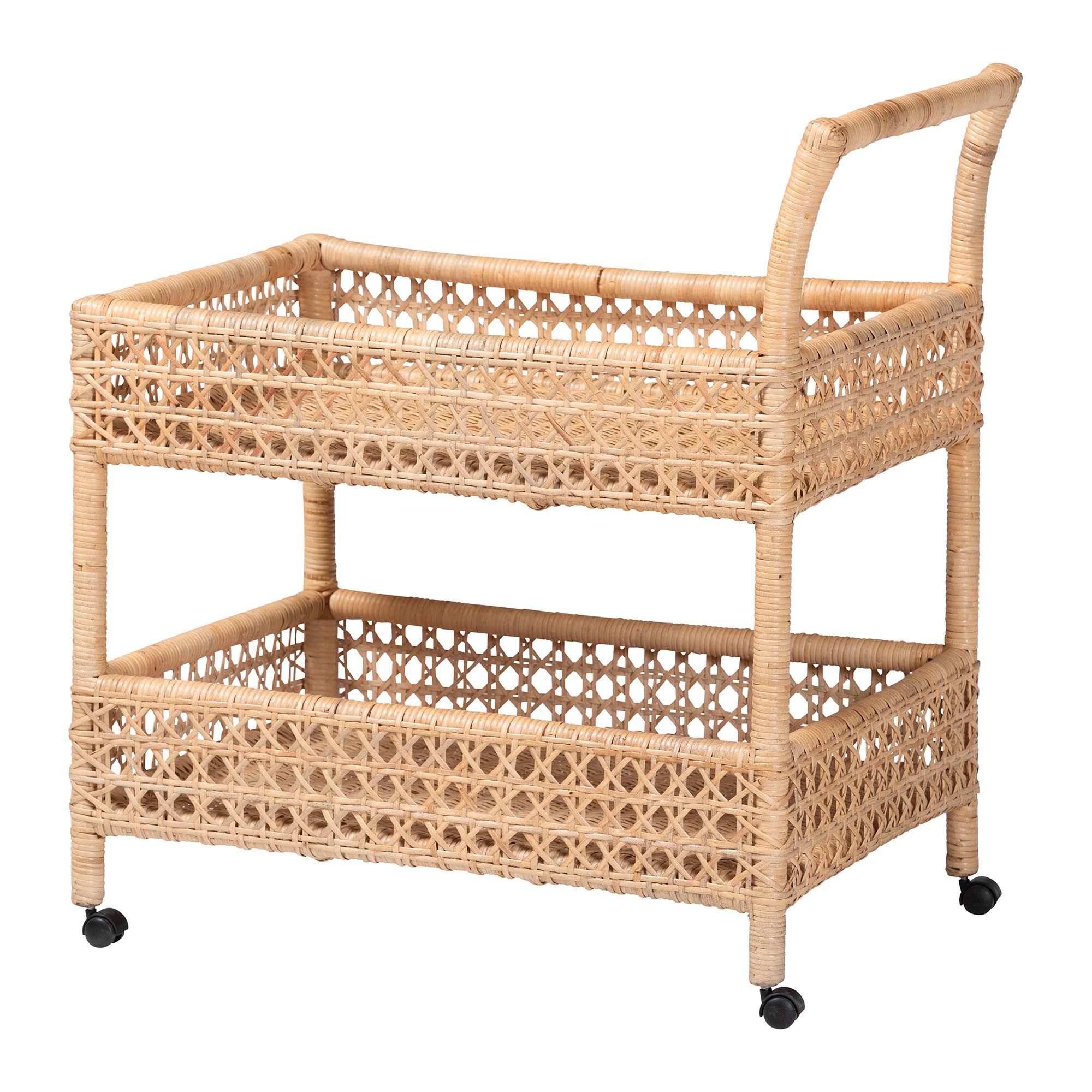 bali & pari Alaina Natural Rattan Kitchen Cart - 2-Tier Handwoven Wicker Storage Trolley with Handle for Kitchen or Lounge